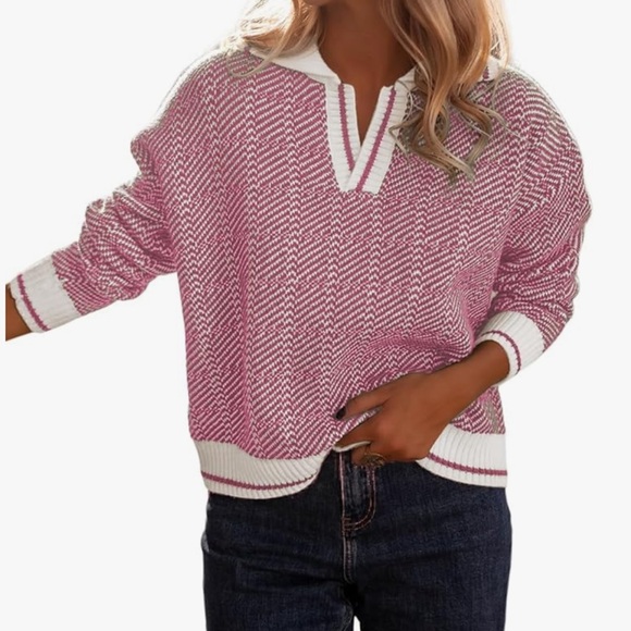 Women’s Lapel V Neck Color Block Striped Sweaters Drop Shoulder Long Sleeve - Picture 1 of 7